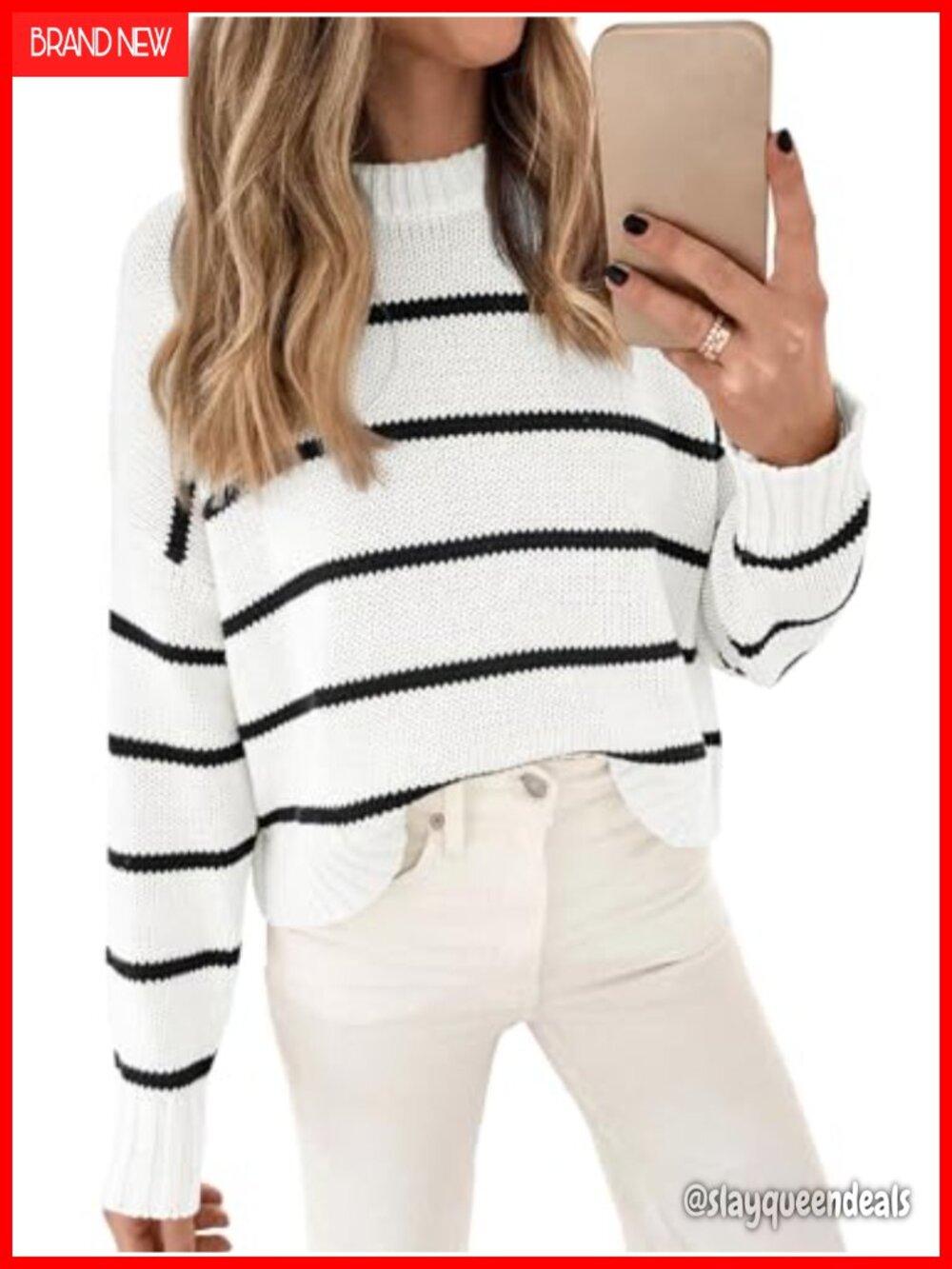 Womens Cropped Striped Cotton Pullover Sweater Crew Neck Long Sleeve